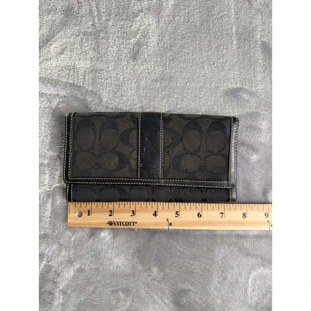 Coach Black Signature Jacquard Fabric & Leather Trim Checkbook Trifold Wallet